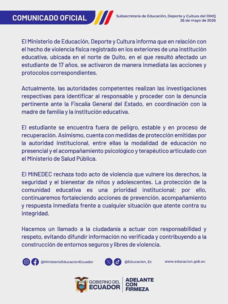 Ministerio de Educación se pronunció tras brutal agresión a estudiante en el norte de Quito