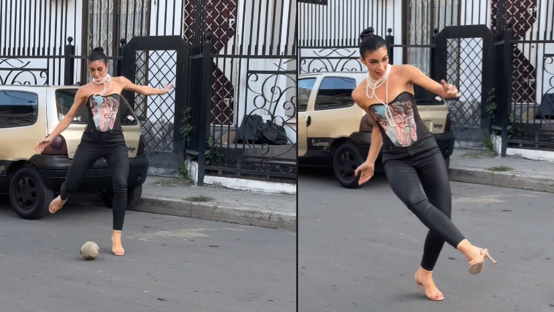 ¡Ni Messi se atrevió a tanto! Virginia Limongi es captada jugando fútbol con tacones