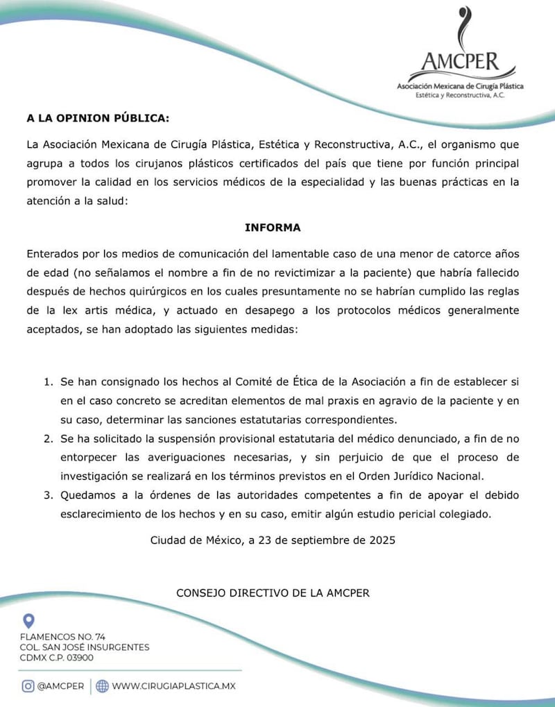 Adolescente de 14 años muere tras cirugía plástica; cirujano suspendido