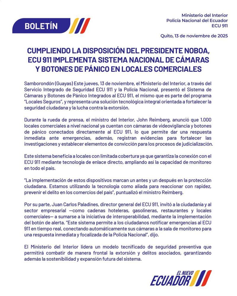 ECU 911 implementa sistema nacional de cámaras y botones de pánico en locales comerciales para combatir la extorsión