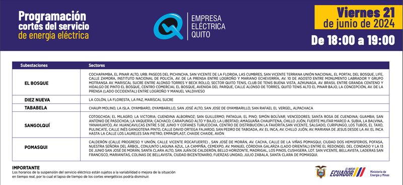 Nuevos horarios de cortes de luz en Quito tras segundo cierre de Coca Codo Sinclair este 21 de junio del 2024