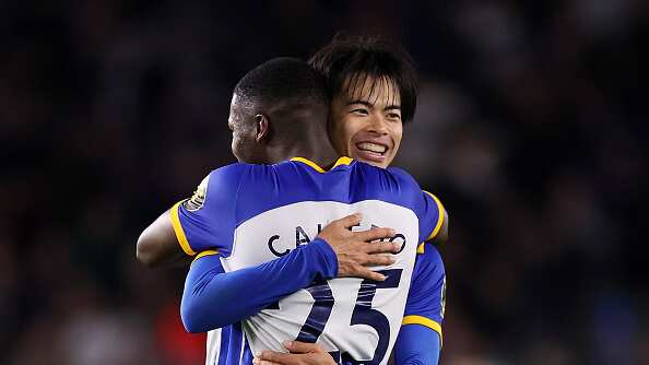 Moisés Caicedo y Mitoma festejan el gol del Brighton