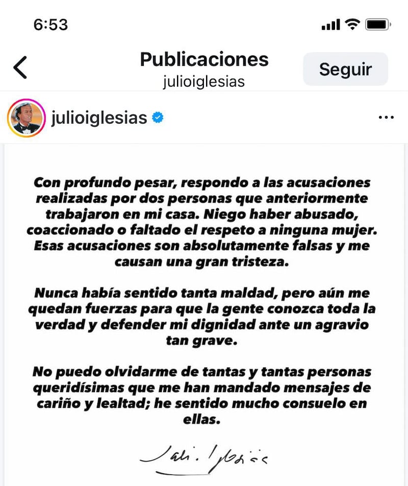 Julio Iglesias niega haber "abusado, coaccionado o faltado al respeto a ninguna mujer"