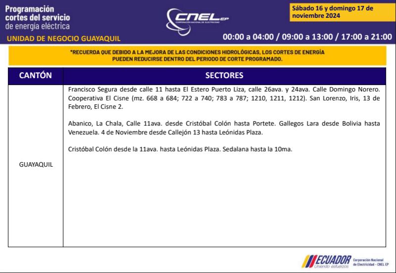 Guayaquil: horarios de cortes de luz de este domingo 17 de noviembre. Imagen: CNEL