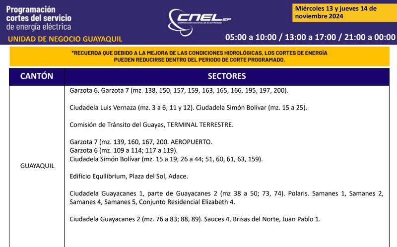 Cortes de luz en Quito 13 y 14 de noviembre