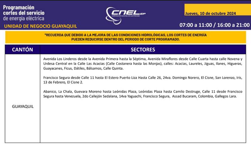Cortes de luz en Guayaquil 10 de octubre