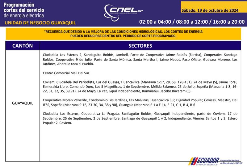 Guayaquil: horarios de cortes de luz para este sábado 19 y domingo 20 de octubre. Imagen: CNEL