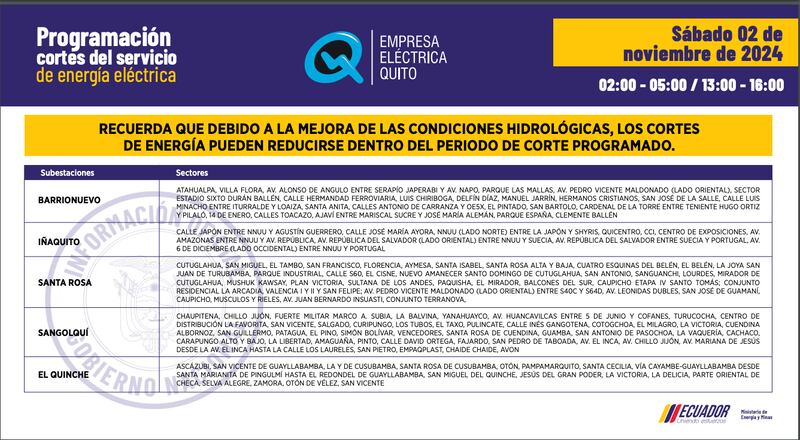 Cortes de luz en Quito: cambian los horarios para el 03 y 04 de noviembre