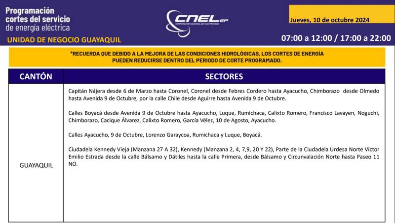 Cortes de luz en Guayaquil 10 de octubre
