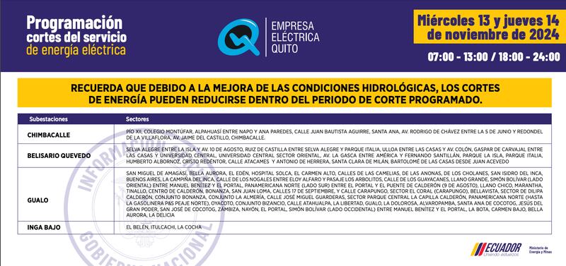 Cortes de luz Quito 13 y 14 de noviembre