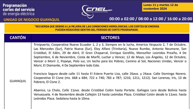 Cortes de luz en Guayaquil el 11 y 12 de noviembre