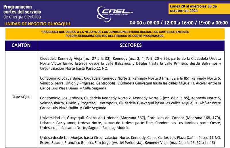 Cortes de luz en Guayaquil hasta el 30 de octubre