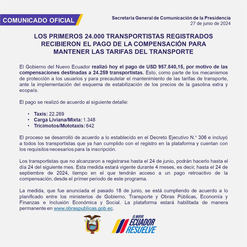 Primeros transportistas recibieron el pago de la compensación para mantener tarifas del transporte