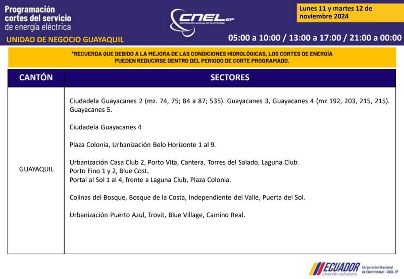 Cortes de luz en Guayaquil el 11 y 12 de noviembre