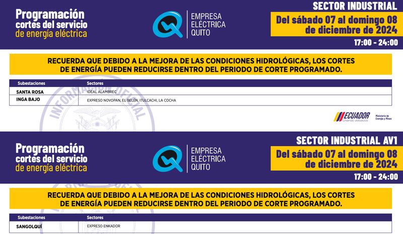 Cortes de luz en Quito del sábado 7 y domingo 8 de diciembre
