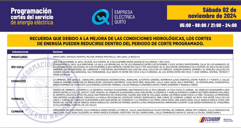 Cortes de luz en Quito: cambian los horarios para el 03 y 04 de noviembre