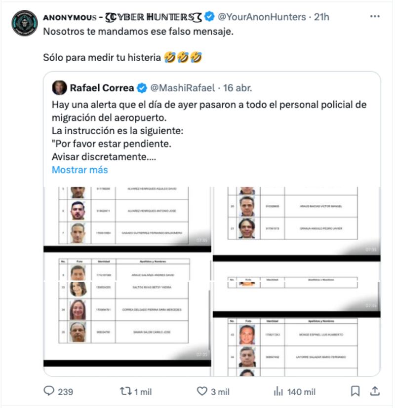 Mensaje de Anonymous a Rafael Correa.