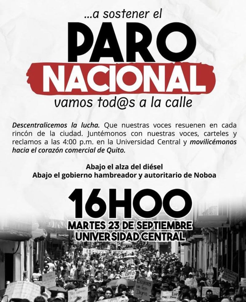 Universidad Central del Ecuador convoca a movilizaciones este martes 23 de septiembre en Quito.