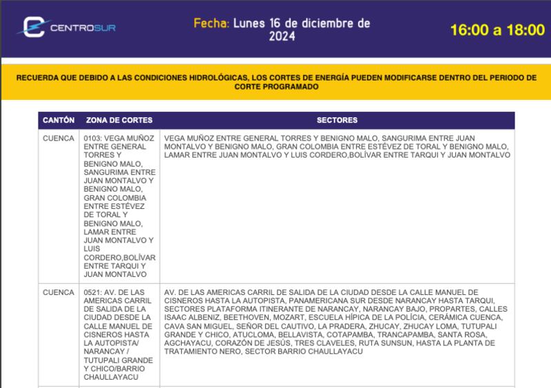 Cuenca: cronograma de apagones de este lunes 16 de diciembre. Imagen: CENTROSUR