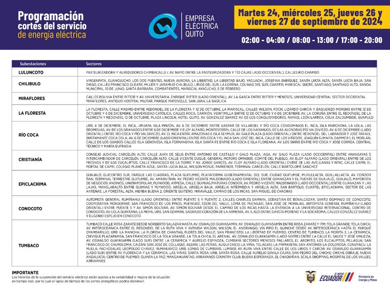 Nuevos horarios de cortes de luz para Quito