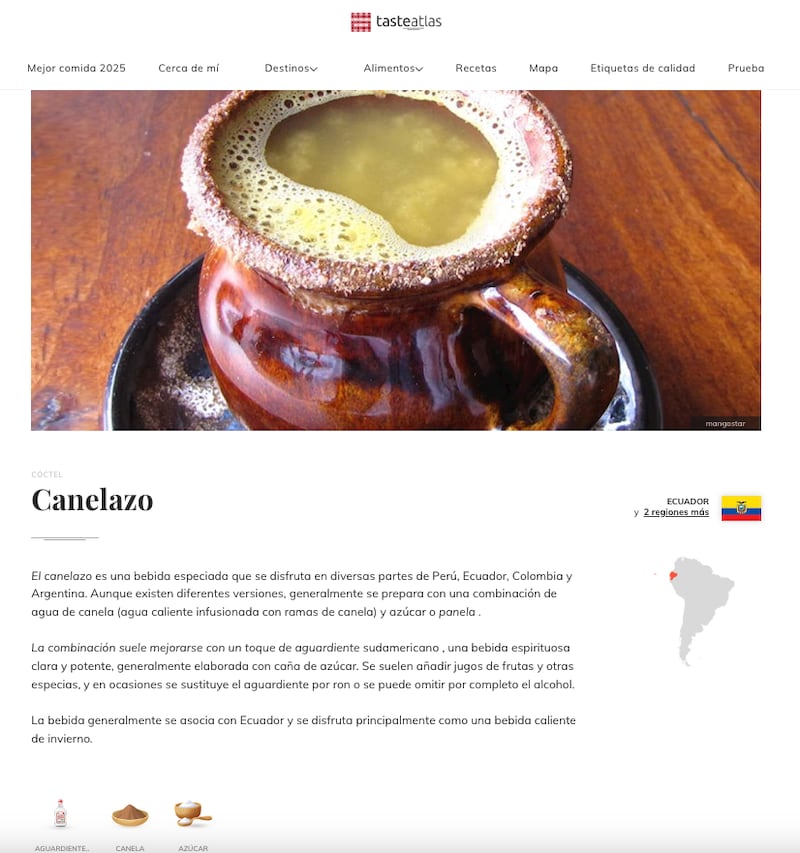 El canelazo ecuatoriano, entre los 10 mejores cócteles del mundo según TasteAtlas