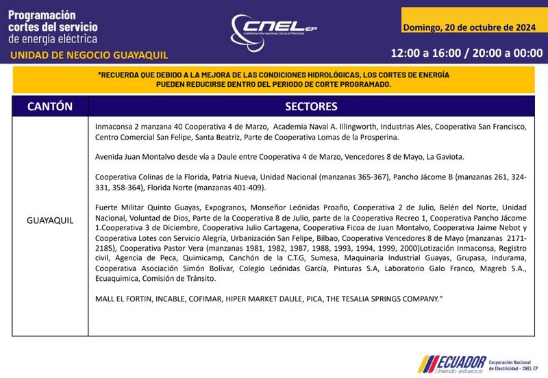 Guayaquil: horarios de cortes de luz para este sábado 19 y domingo 20 de octubre. Imagen: CNEL