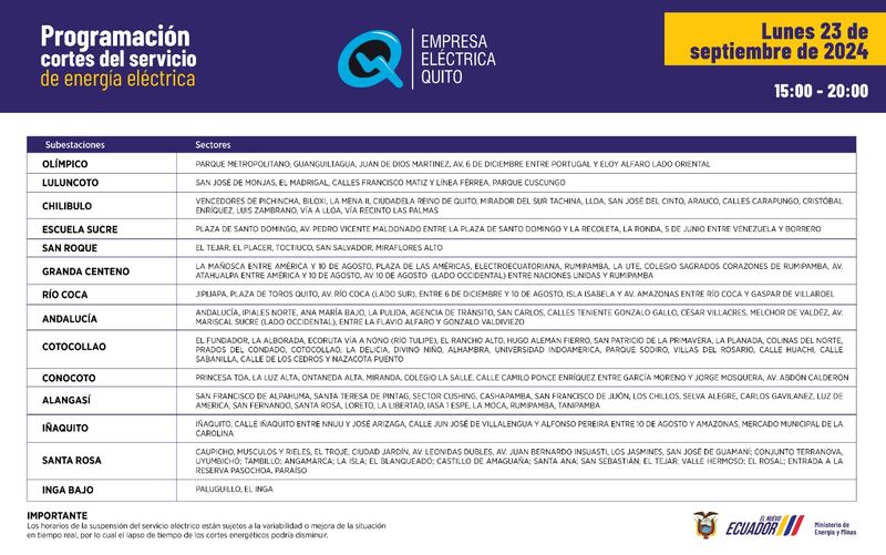 Nuevos horarios de cortes de luz para Quito