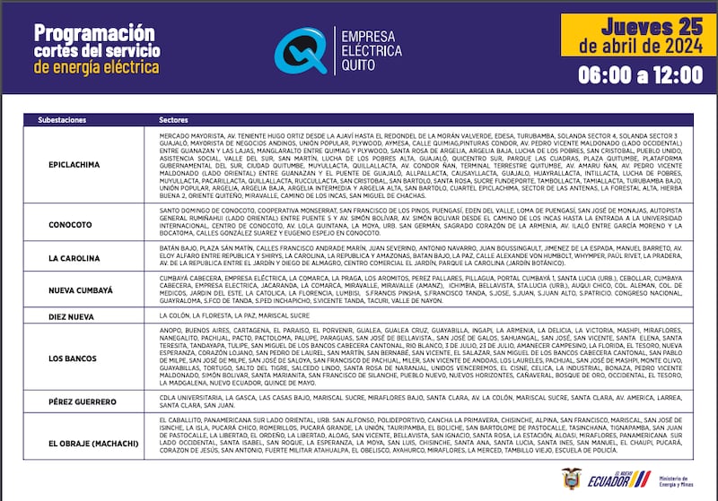 Cortes de luz en Quito se mantienen de 6 horas para el 25 de abril