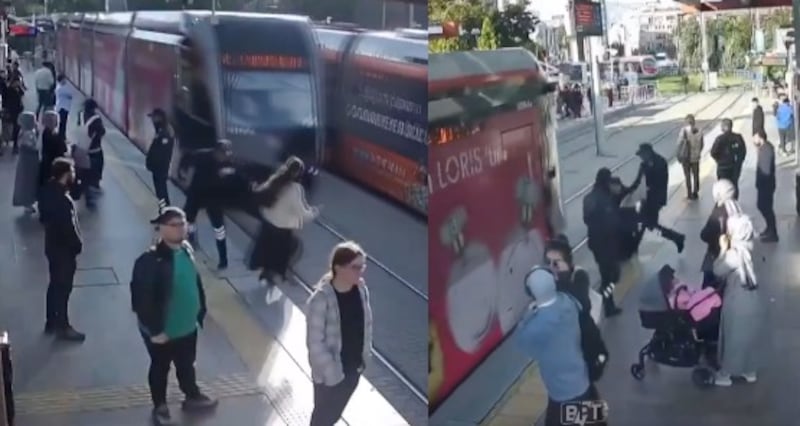 Mujer en Turquía casi es arrollada por tranvía; guardia interviene a tiempo.
