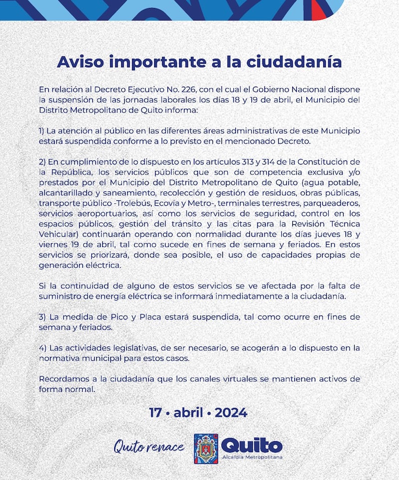Quito: Pico y Placa se suspende este 18 y 19 de abril.