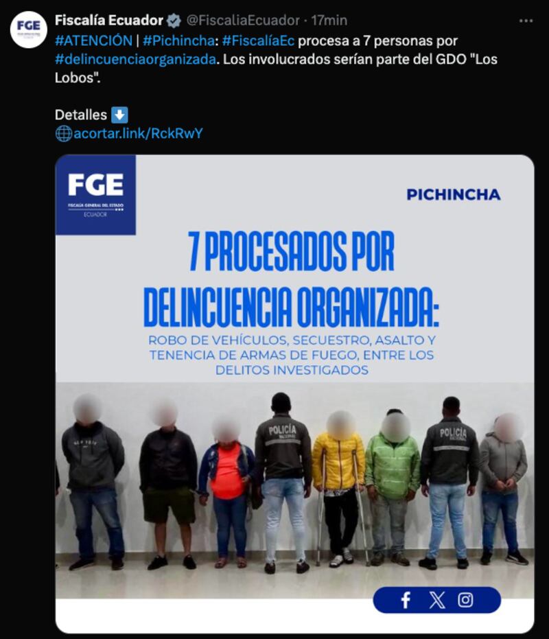 Siete miembros dedicados al robo, secuestro, asalto en Quito, fueron procesados