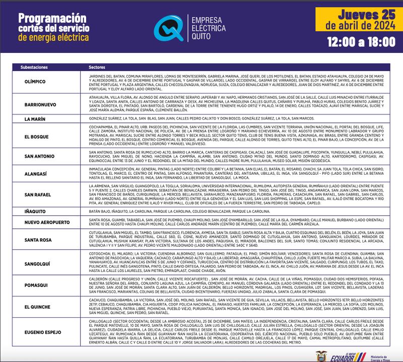 Cortes de luz en Quito se mantienen de 6 horas para el 25 de abril