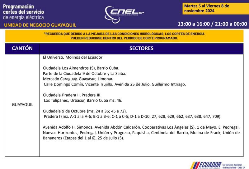 Cortes de luz en Guayaquil hasta el 8 de noviembre