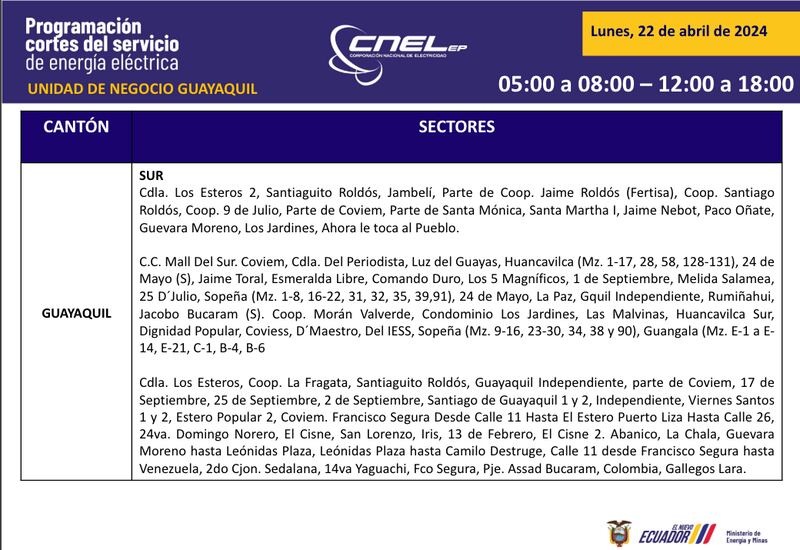 Cortes de luz en Guayaquil este 22 de abril