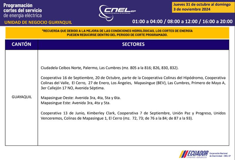 Cortes de luz en Guayaquil del 31 de octubre al 3 de noviembre
