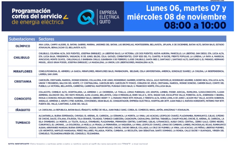 Cortes de luz de lunes a miércoles en Quito