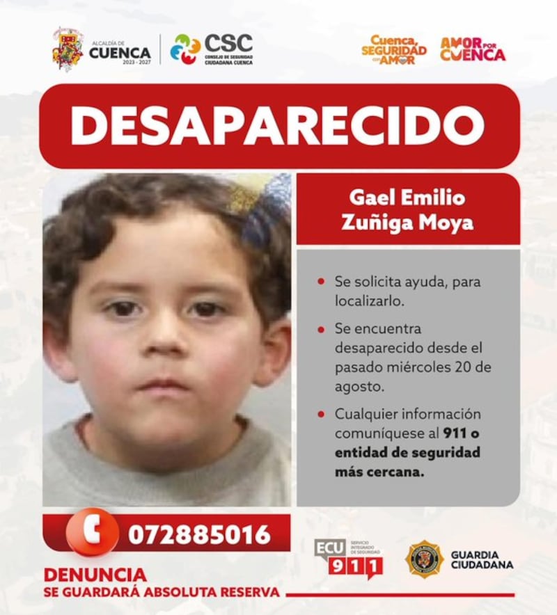 Alerta en Cuenca: buscan a Gael Zúñiga, niño desaparecido desde el 20 de agosto