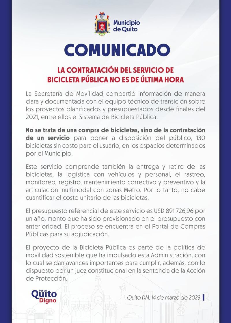 Comunicado Servicio Bicicleta Pública en Quito