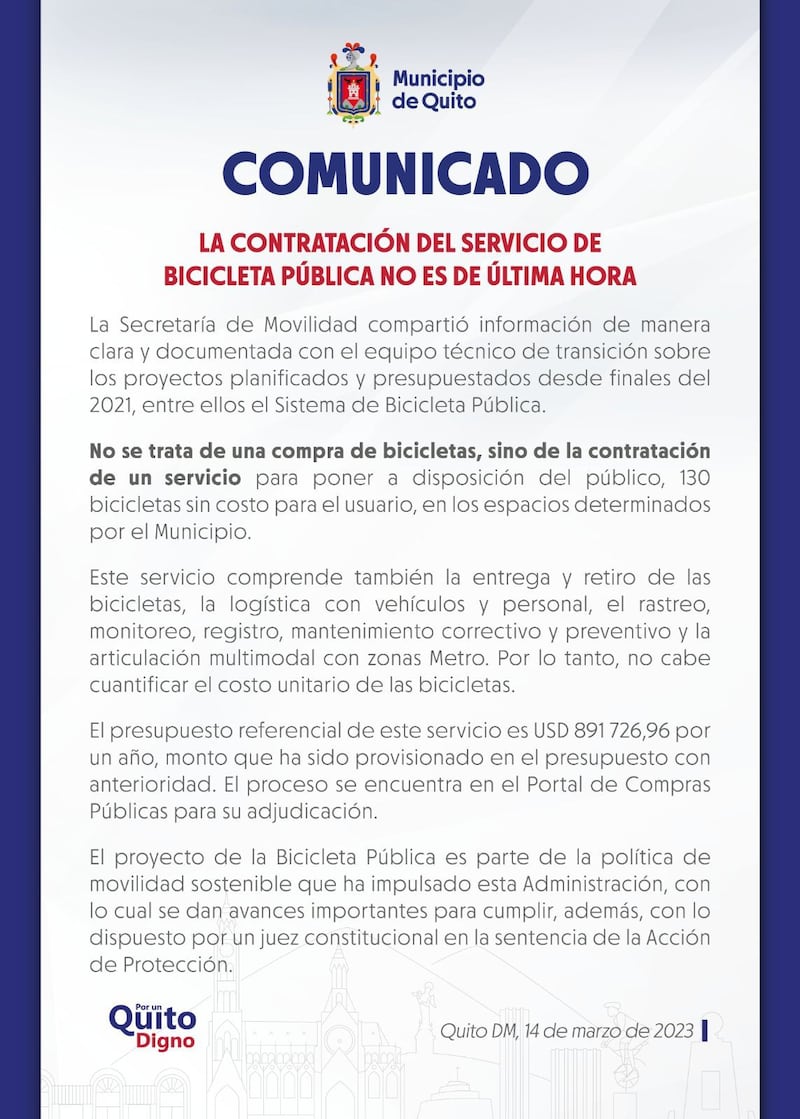 Comunicado Servicio Bicicleta Pública en Quito