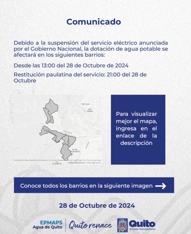 Cortes de agua en Quito para este lunes 28 de Octubre