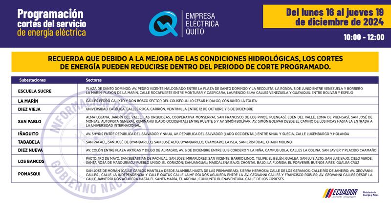 Quito: nuevos horarios de apagones del 16 al 19 de diciembre serán de dos horas. Imagen: EEQ