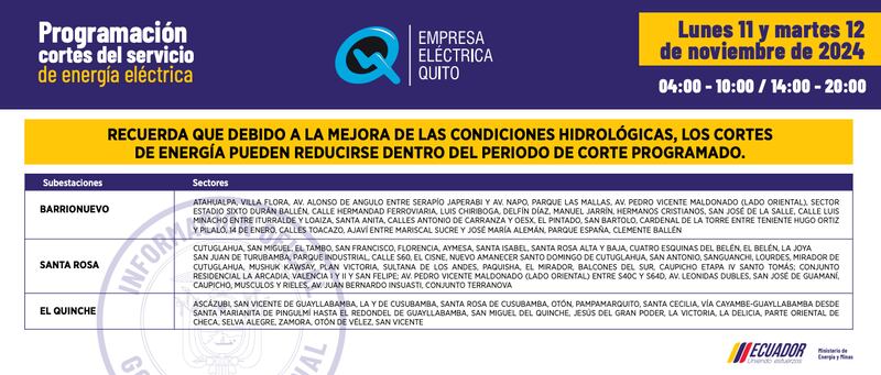 Cortes de luz  lunes 11 de noviembre