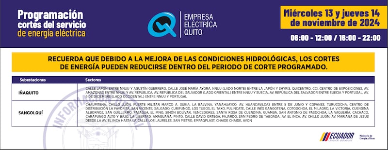 Barrios que no tendrán luz este jueves 14 de noviembre.