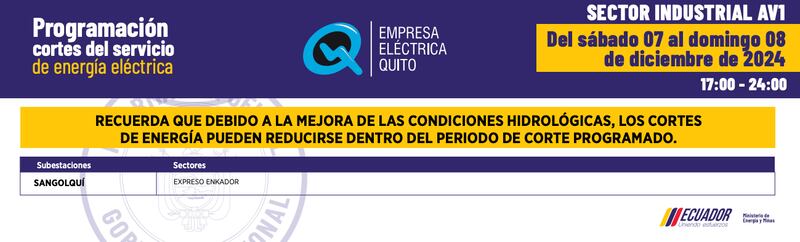 Sector industrial, cortes de luz en Quito del 07 de diciembre
