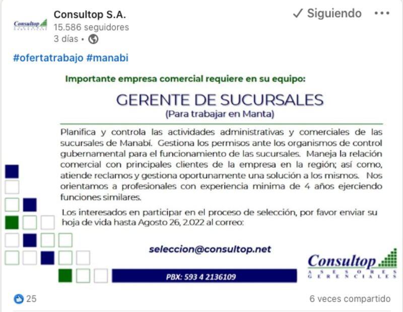 Ofertas en LinkedIn de empleos en Ecuador