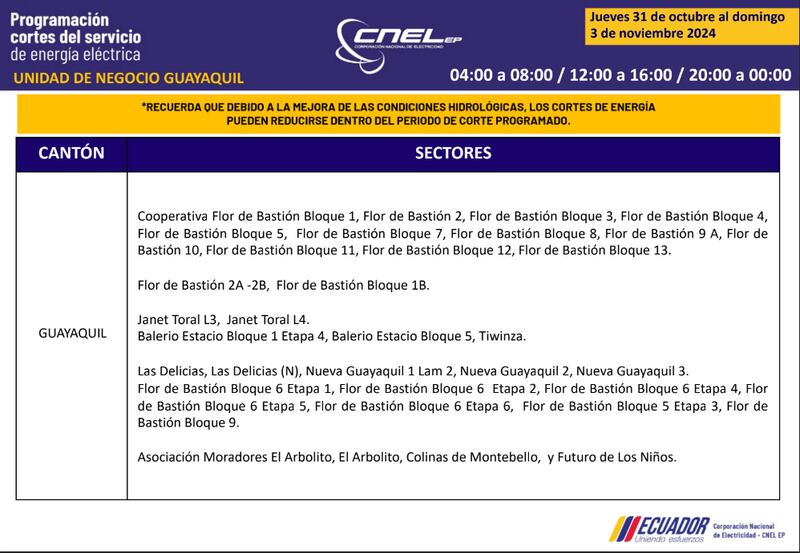 Cortes de luz en Guayaquil del 31 de octubre al 3 de noviembre