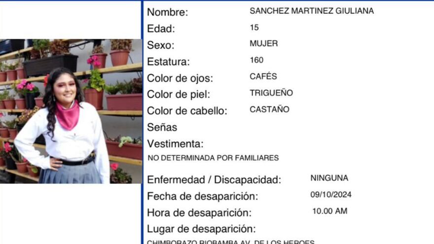 Alerta Emilia por la desaparición de adolescente en Riobamba