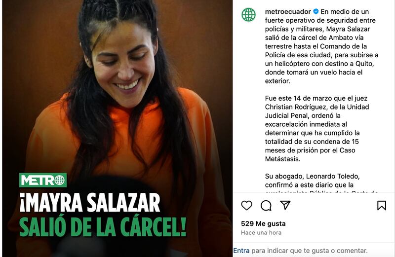 Por su participación en el Caso Metástasis Mayra Salazar fue condenada a quince meses de prisión y al pago de USD 22.860.
