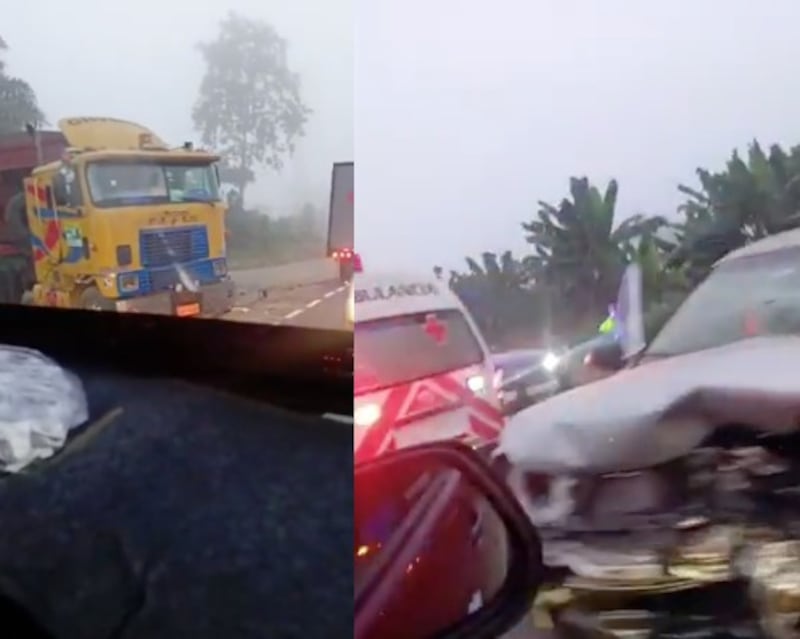 Accidente entre un camión y una camioneta en la vía Santo Domingo, antes del peaje; equipos de emergencia llegaron al lugar.