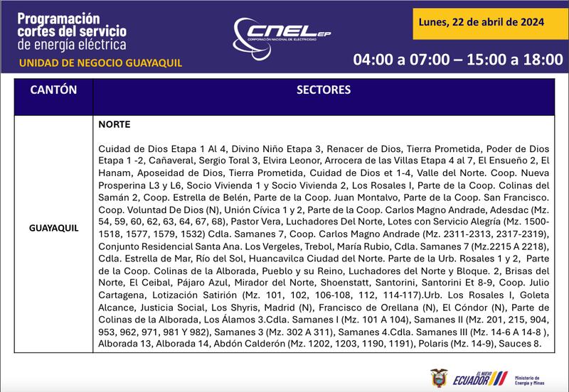 Cortes de luz en Guayaquil este 22 de abril